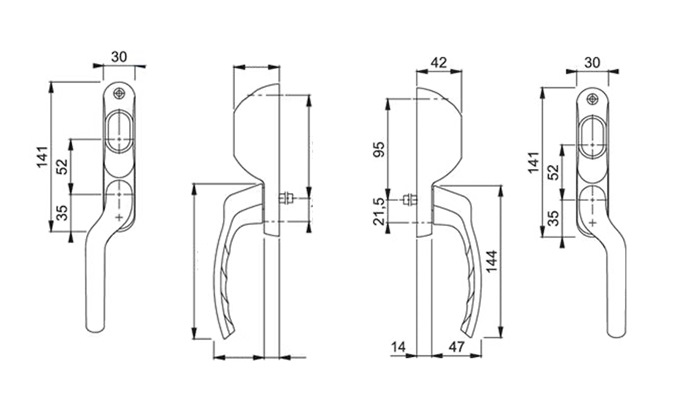 HOPPE 0710VK/93S Tokyo gennemgående paskvil-/terrassedørsgreb, F9 ståleloxeret alu., VE indv. - HØ udv., excl. cylinder - DB 1727873